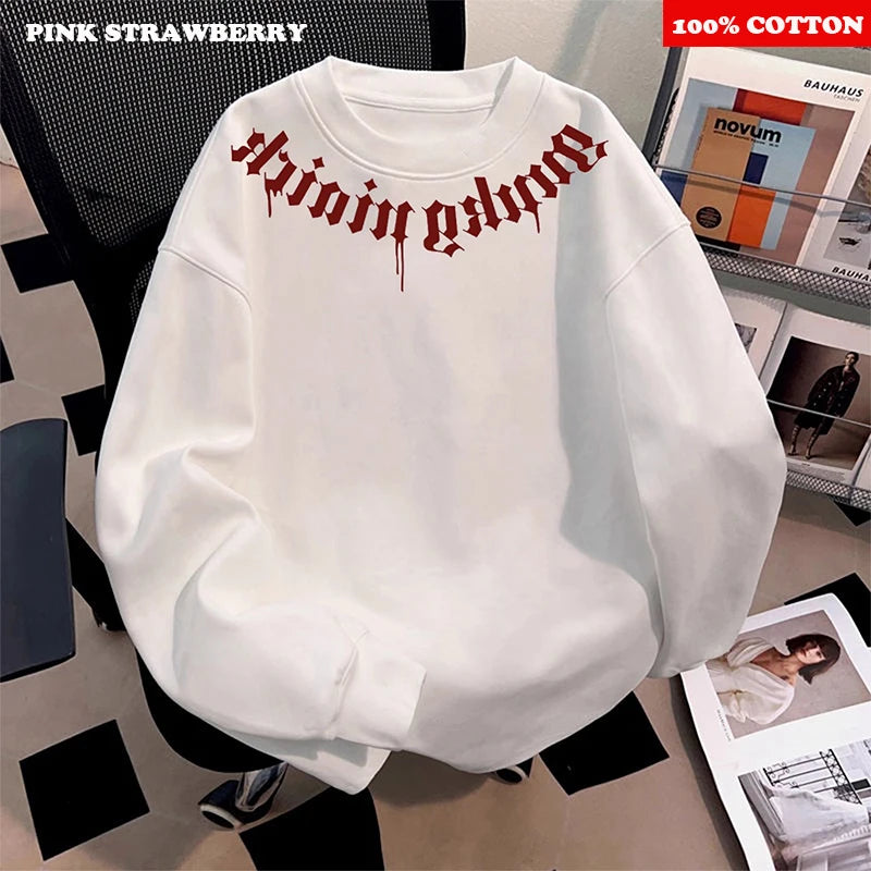 American Street Letter Print T-shirt Men 2025 Autumn New 100% Cotton White O-Neck Loose Casual T-shirt Y2k Tops Male clothing