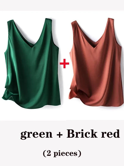 Woman T-shirts Elegant SILK Satin Blouse Sleeveless Female Summer 2025 Casual Loose Tanks and Camis Solid Green Tops for Women