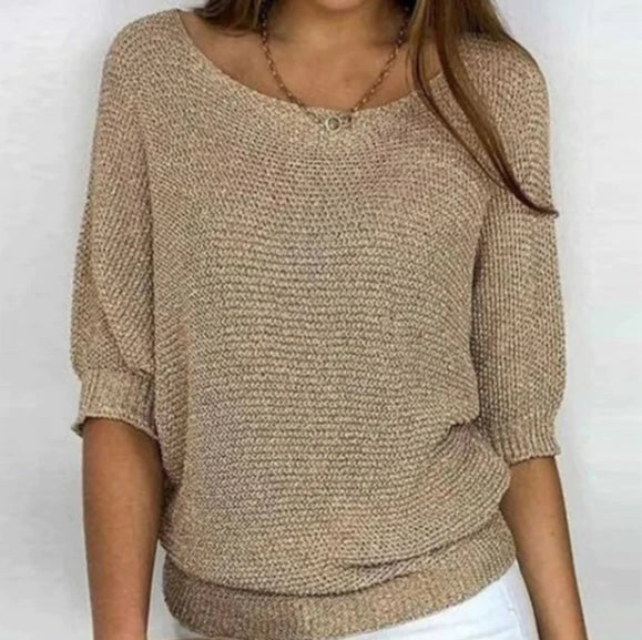 Women's Sweater Pullover Temperament Commuting Winter Tops Solid Color Round Neck Three Quarter Sleeve Knitted Sweater Top