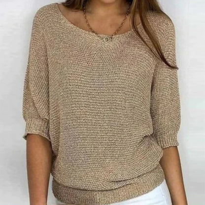 Women's Sweater Pullover Temperament Commuting Winter Tops Solid Color Round Neck Three Quarter Sleeve Knitted Sweater Top