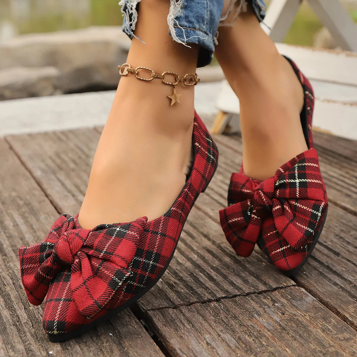 Retro Red Plaid Fashion Women Shoes New Pointed Toe Women's Flats Shoes Light and Comfortable Ladies Single Shoes