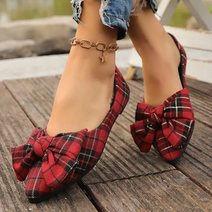 Retro Red Plaid Fashion Women Shoes New Pointed Toe Women's Flats Shoes Light and Comfortable Ladies Single Shoes