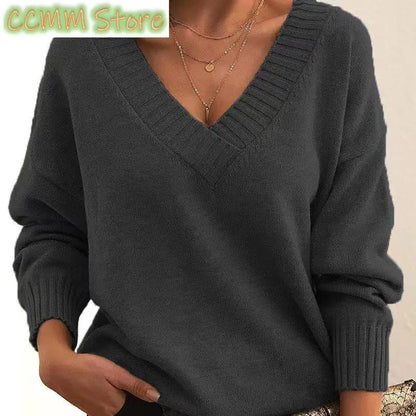 New Winter Women Pullover Sweaters Female V-Neck Loose Casual knitwear Retro Autumn Lady Long Sleeve Office Solid Warm Knit Tops