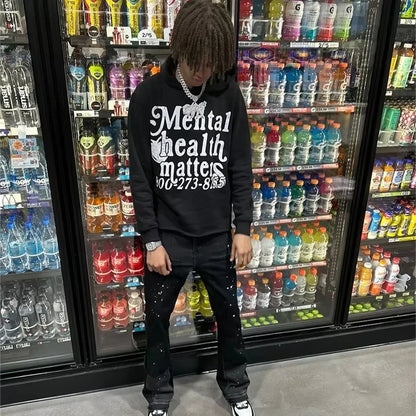 Mental Health Matters Graphic Print Pullover Hoodie Mens Oversized Street Trend Style Hoodie Causal Sweatshirt for Adult&Kid