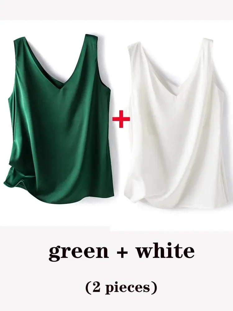 Woman T-shirts Elegant SILK Satin Blouse Sleeveless Female Summer 2025 Casual Loose Tanks and Camis Solid Green Tops for Women