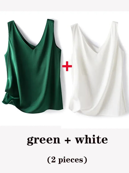 Woman T-shirts Elegant SILK Satin Blouse Sleeveless Female Summer 2025 Casual Loose Tanks and Camis Solid Green Tops for Women
