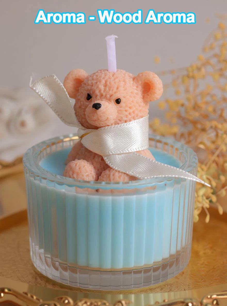 Scented Luxury Teddy Bear Soy Candle in Glass Jar with Ribbon, Creamy Pastel Gifts for Women, Bridal Shower & Holiday Favors