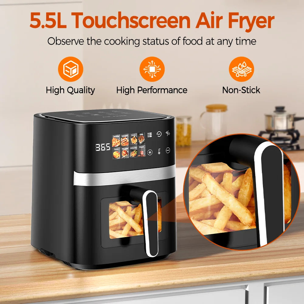 Patbrela 5.5L Air Fryer 8-in-1 Electric Hot Oven with Digital LED Screen Visible Window Max 200°C 1350W New Black Non-fat fryer