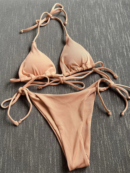 Sexy Brown Bikini 2025 Women Solid Red Halter Push Up Bra Tie Side Triangle Swimsuit Summer Bathing Suit Lace Up Micro Swimwear