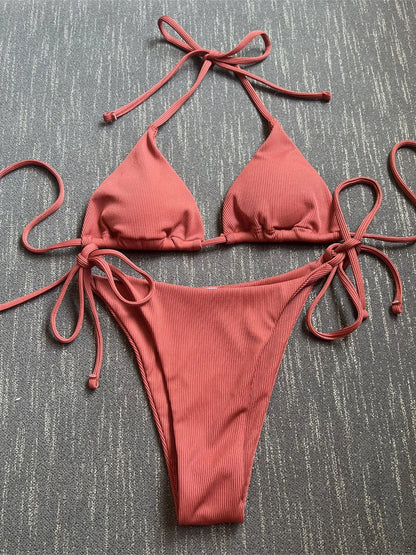 Sexy Brown Bikini 2025 Women Solid Red Halter Push Up Bra Tie Side Triangle Swimsuit Summer Bathing Suit Lace Up Micro Swimwear
