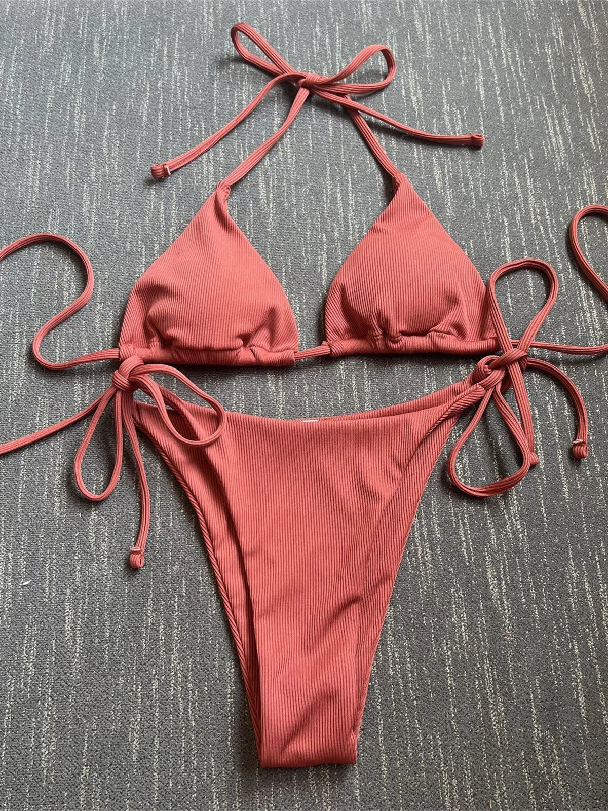 Sexy Brown Bikini 2025 Women Solid Red Halter Push Up Bra Tie Side Triangle Swimsuit Summer Bathing Suit Lace Up Micro Swimwear
