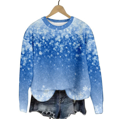 Christmas Cat Hat Snowflake Print Women's Round Neck Sweatshirt