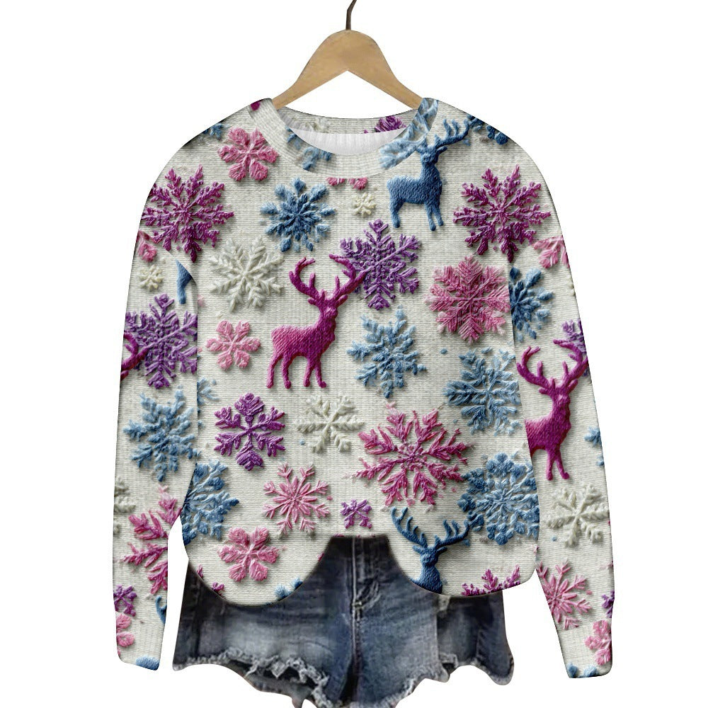 Christmas Cat Hat Snowflake Print Women's Round Neck Sweatshirt