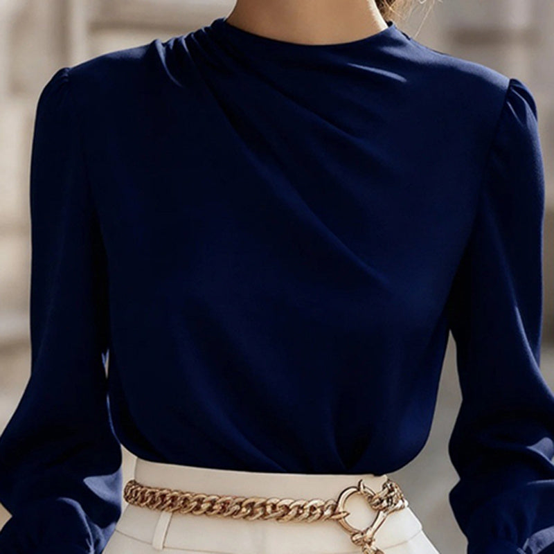 Women's Pleated Long Sleeve Blouse, Round Neck Business Casual Shirt, Dressy Fall 2025 Work Tops