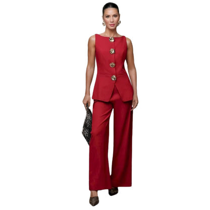 Women's Fashion Golden Button Vest Pants Casual Suit