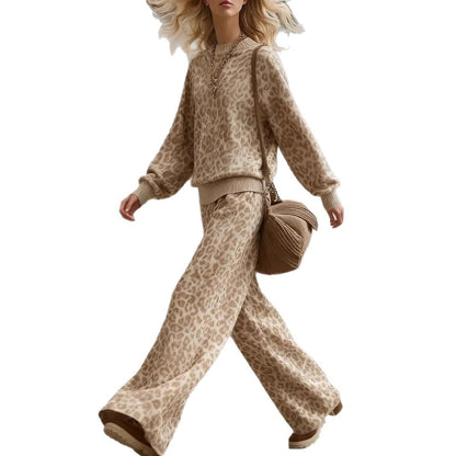 Women's Retro Casual Light Brown Leopard Print Long Sleeve Slim Fit Sweatsuit