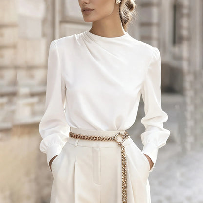 Women's Pleated Long Sleeve Blouse, Round Neck Business Casual Shirt, Dressy Fall 2025 Work Tops