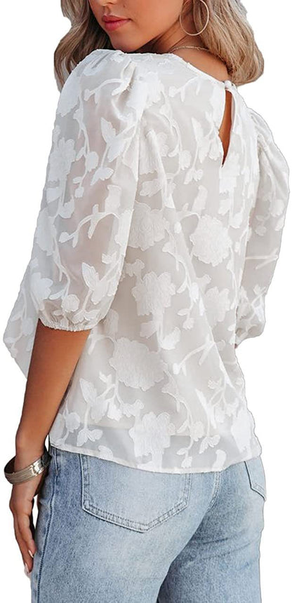 Women's Puff Sleeve Chiffon Loose Top Flower Texture Shirt