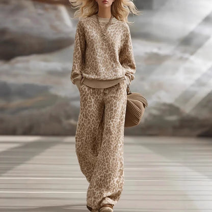 Women's Retro Casual Light Brown Leopard Print Long Sleeve Slim Fit Sweatsuit